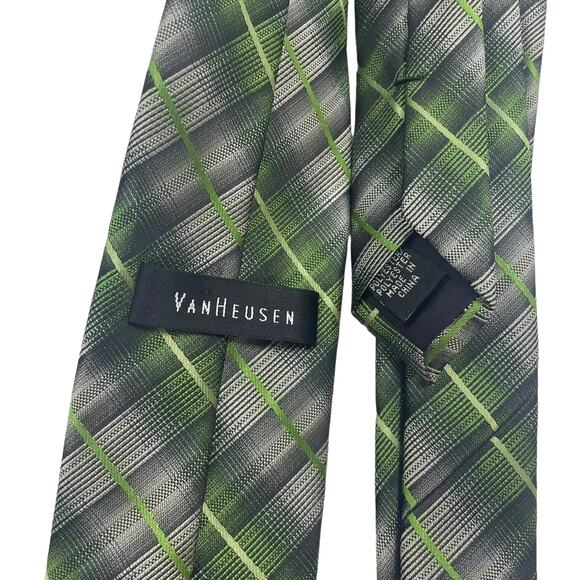 Van Heusen Mens Bright Green Gray Stripe Plaid Tie - Picture 3 of 4